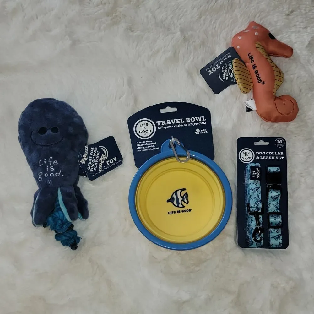 Life is Good Puppy Dog Toys Collapsible Feeding Water Bowl Leash & Collar M New